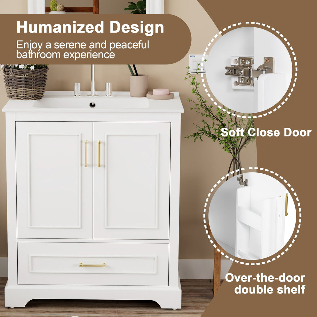 Bathroom Vanity With Sink, 1 Divided Drawer And 2 Soft Close Doors With Double Shelf
