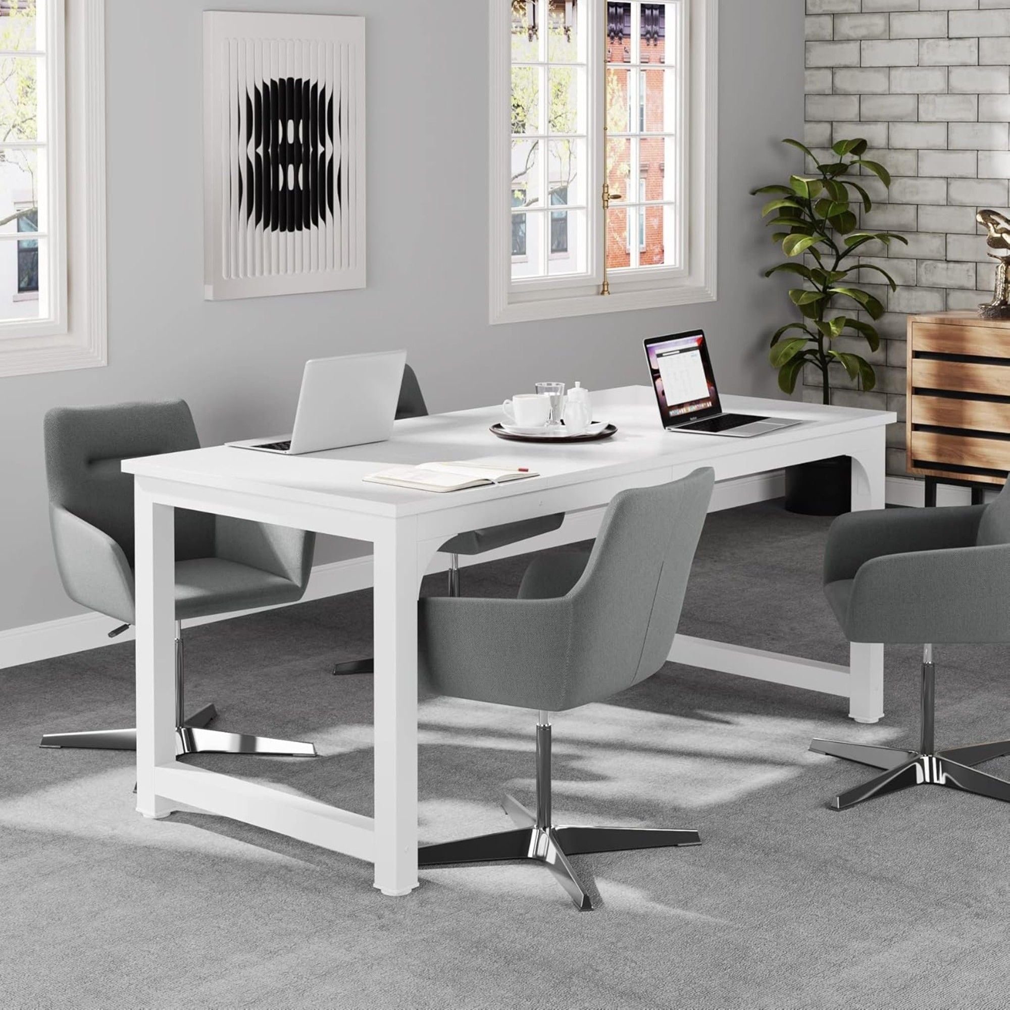 Executive Desk, Large Office Computer Workstation With Thick Frame - White