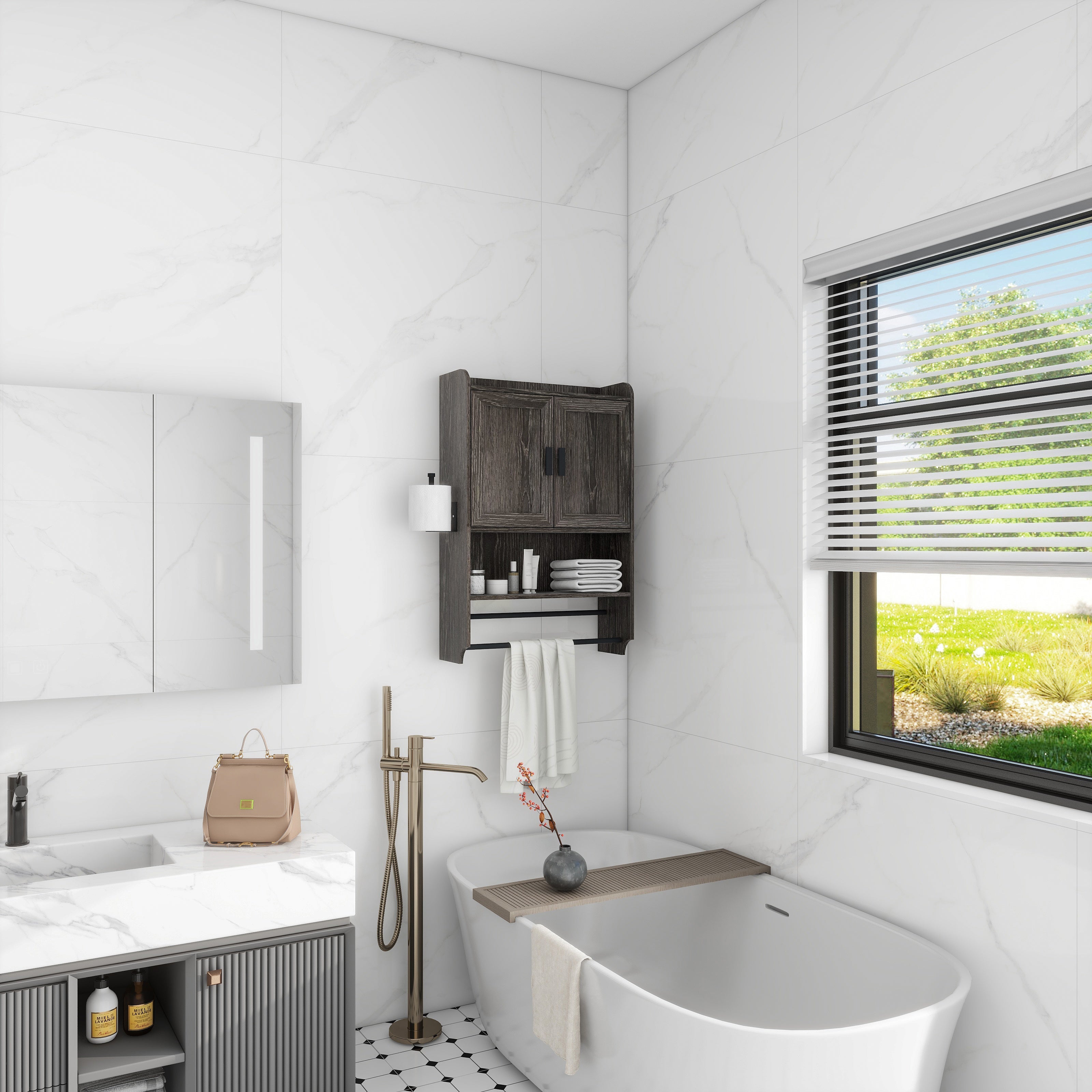 Bathroom Wall Cabinet with Doors, Adjustable Shelf, Towel Bar and Paper Holder
