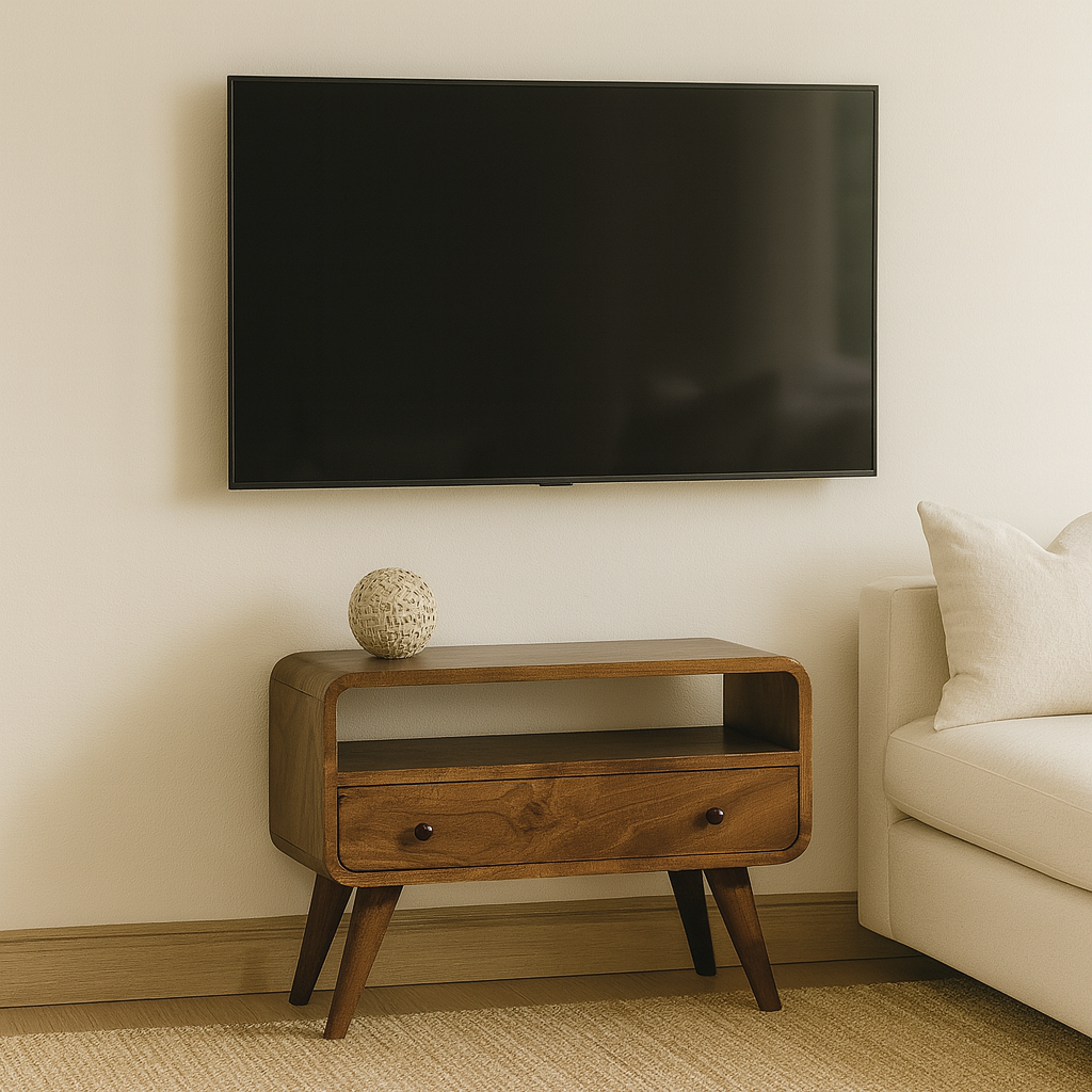 Solid Wood Mini Curved Media Unit, Chestnut, 1-Drawer, 1 Open Slot