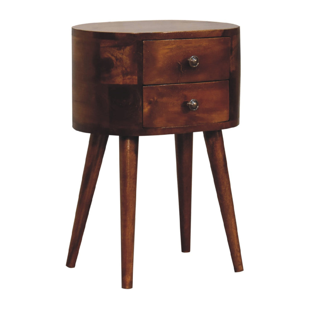 Solid Wood Mini Chestnut Rounded Nightstand, 2-Drawers, Nordic Legs