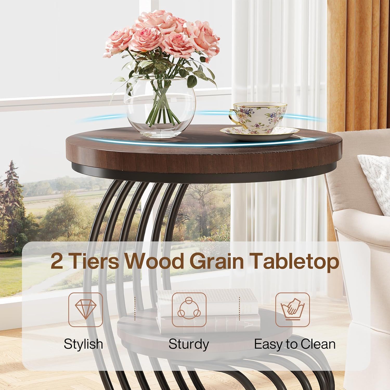Round Vintage End Table With 2 Tier Storage