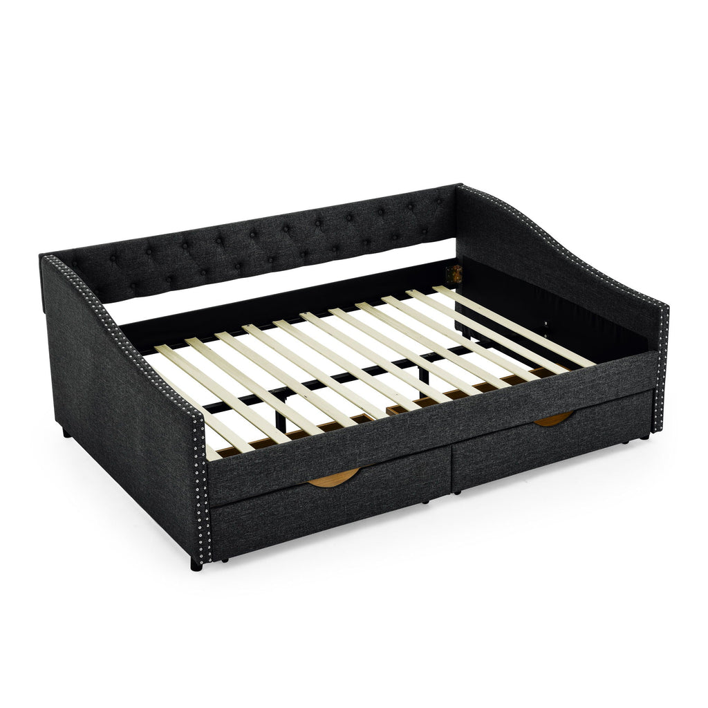 Upholstered Tufted Daybed With 2 Drawers, Waved Arms