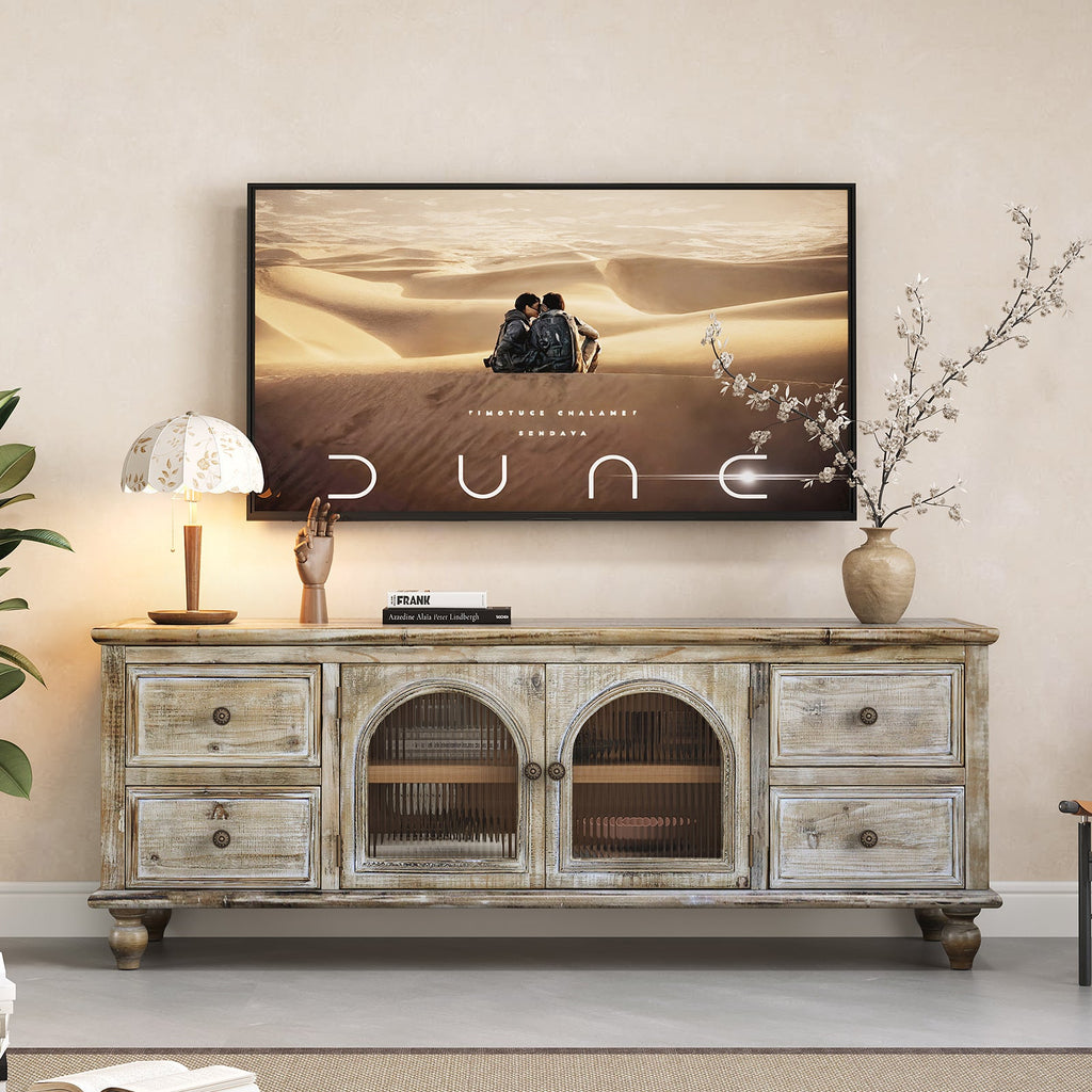 60" Farmhouse TV Stand with 4 Drawers & 2 Glass Doors