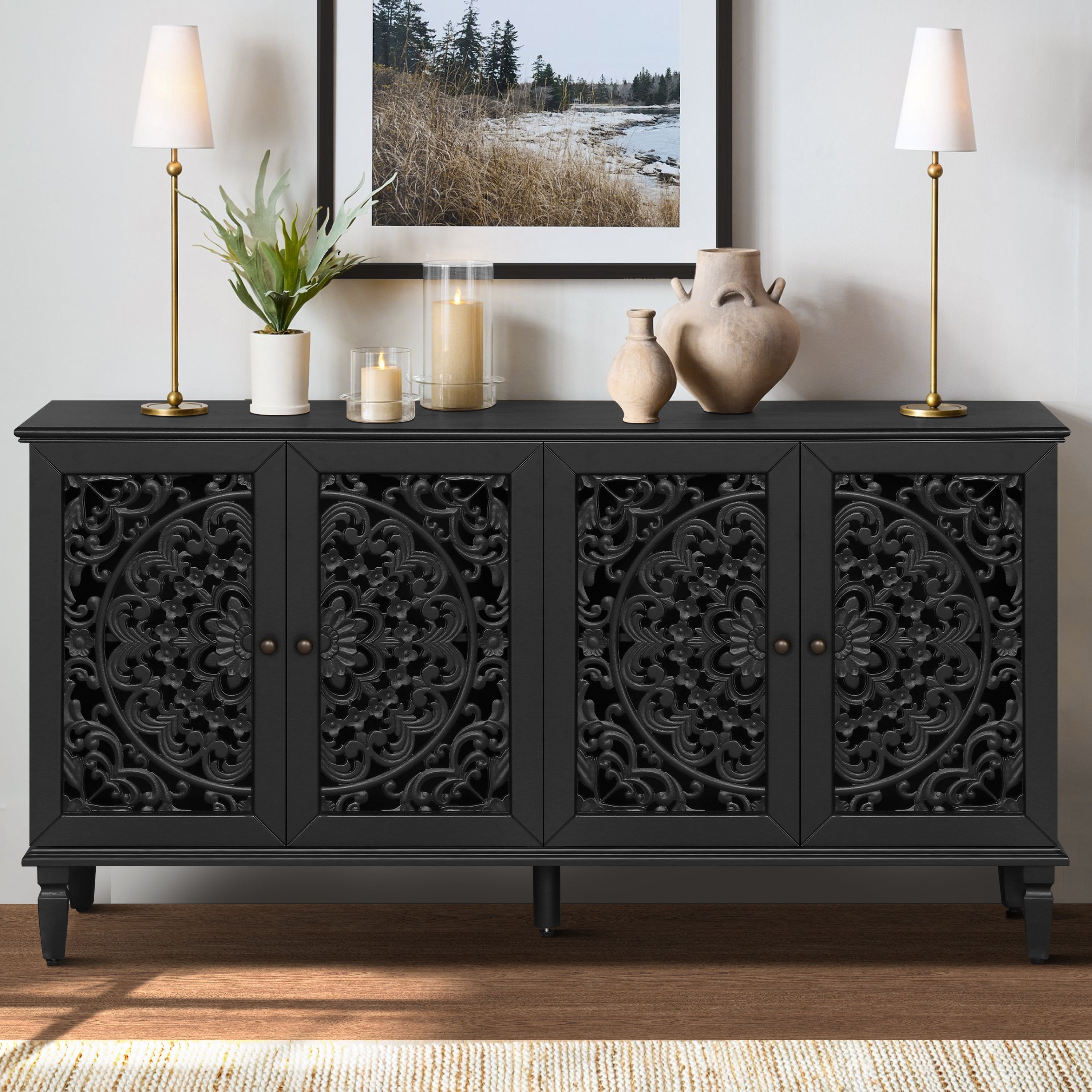 60" Antique Buffet Cabinet with Floral Carvings