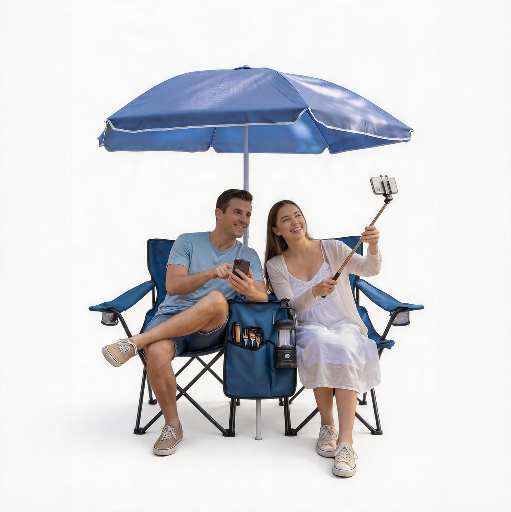 Portable Double Folding Beach Chair Set with Umbrella, 2-Person Outdoor Camping Chair with Cup Holders, Foldable Patio Chair for Picnic, Backyard, Travel