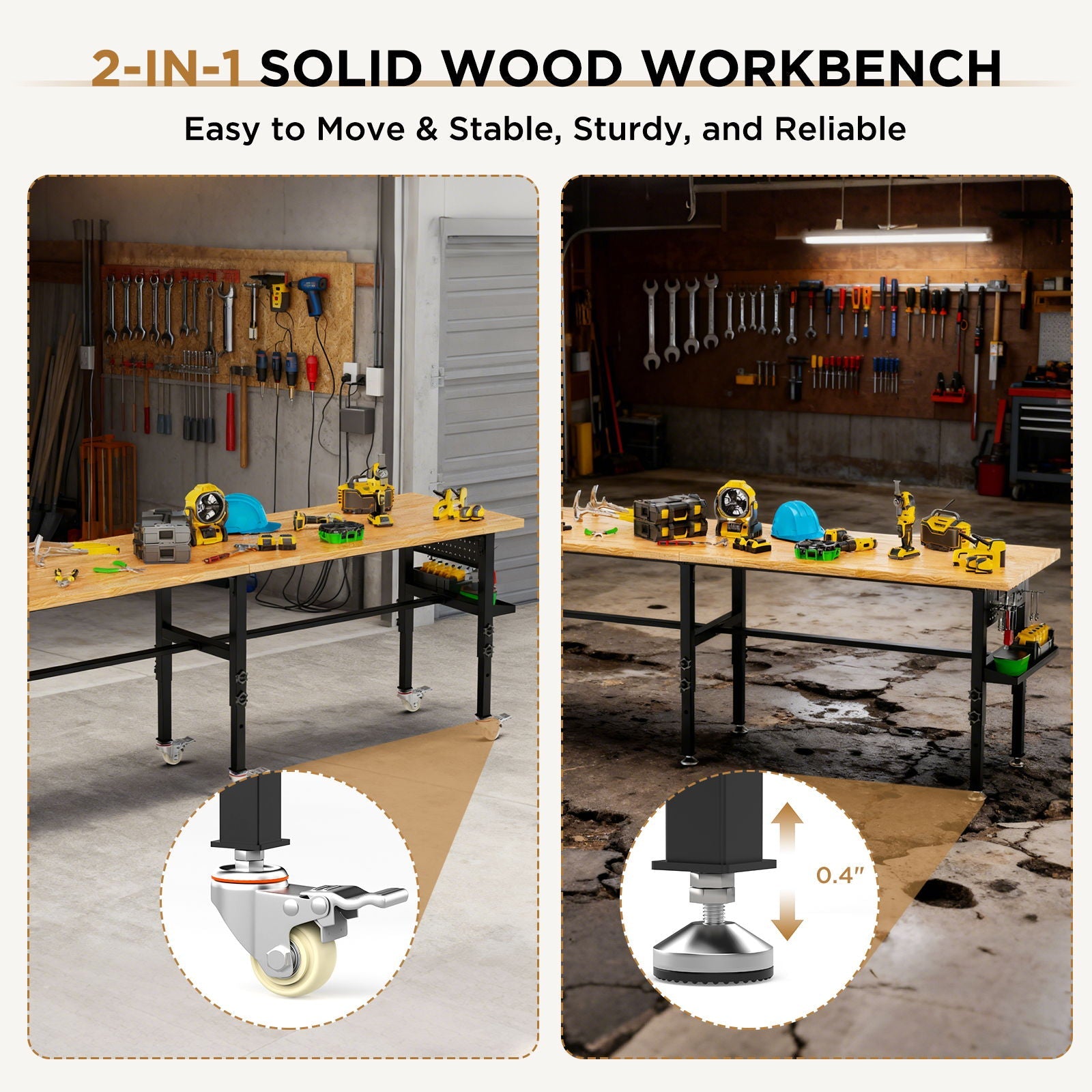 Adjustable Workbench, Side Pegboard, 4 Height Settings, Power Outlet, Storage Box, Wheels Or Leveling Feet - Black