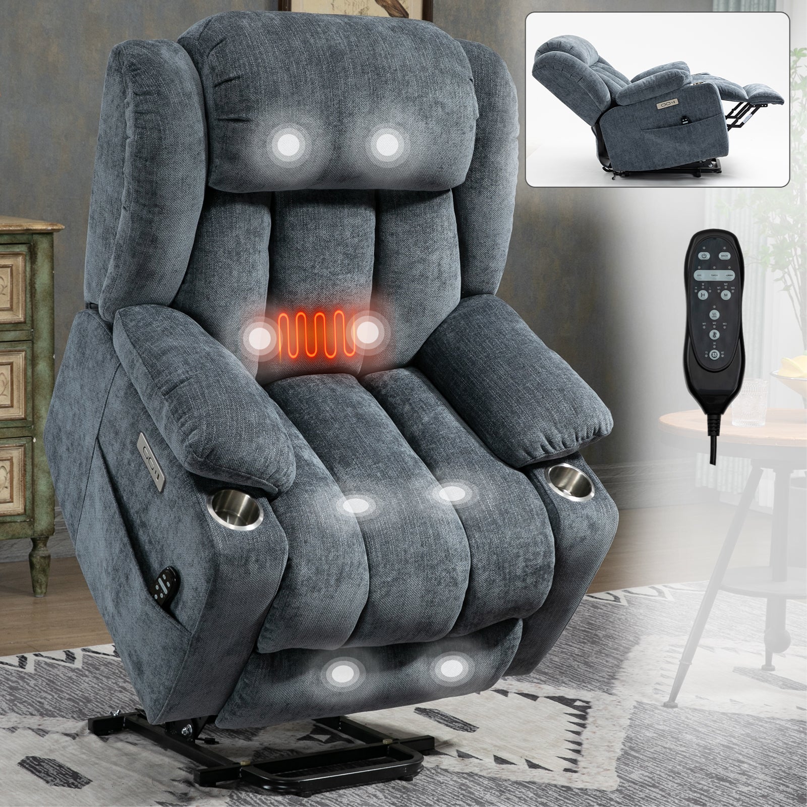 Chenille Power Lift Recliner Chair with Massage & Heating