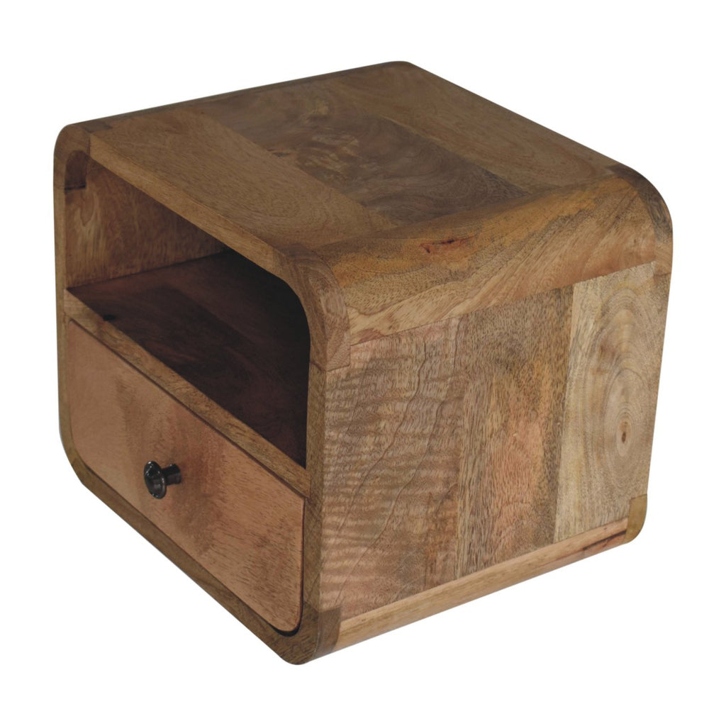 Extra Mini Wall-Mounted Curved Oak-ish Nightstand with Open Slot, 1-Drawer