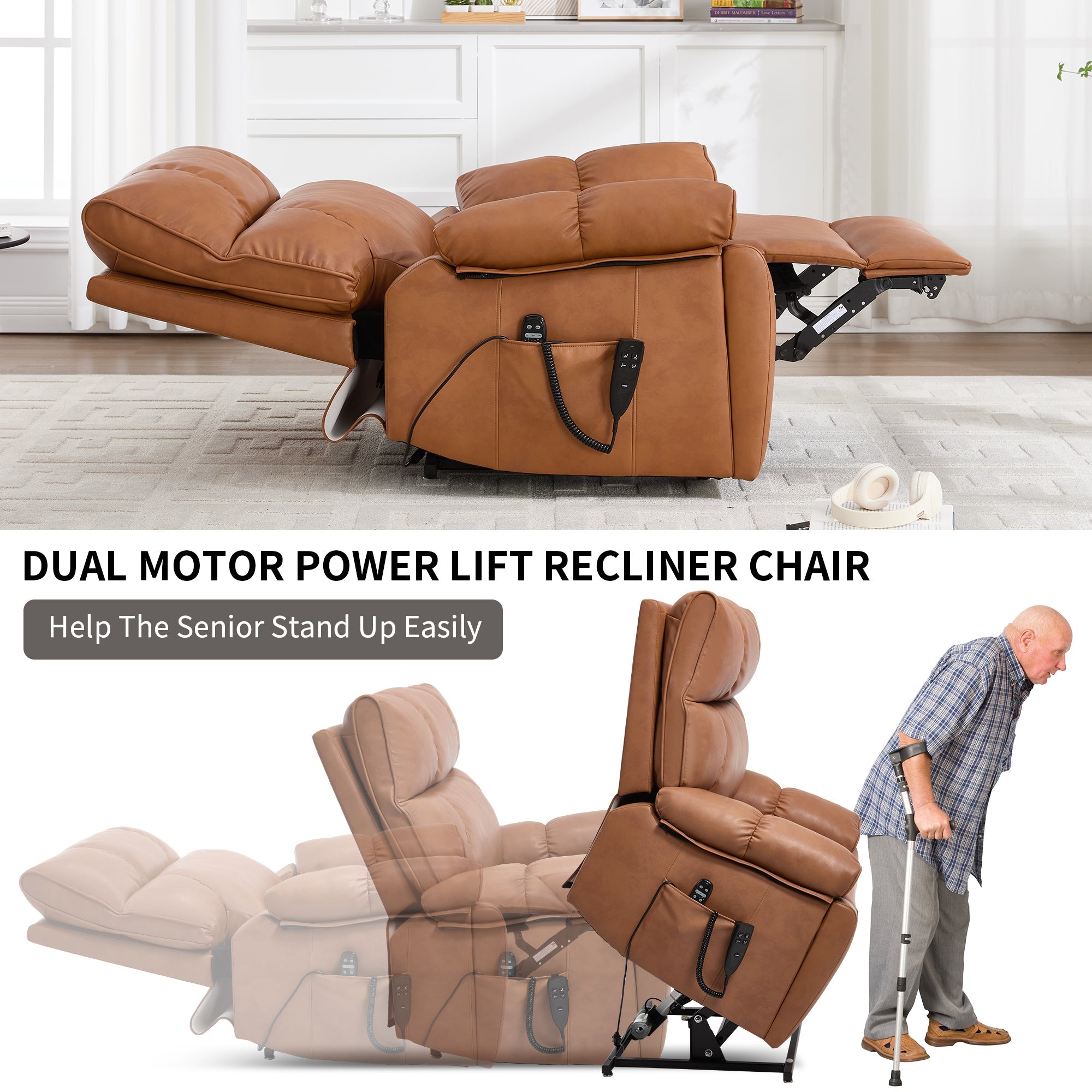 Orange Leatheraire Heat Massage Dual Motor Lift Recliner