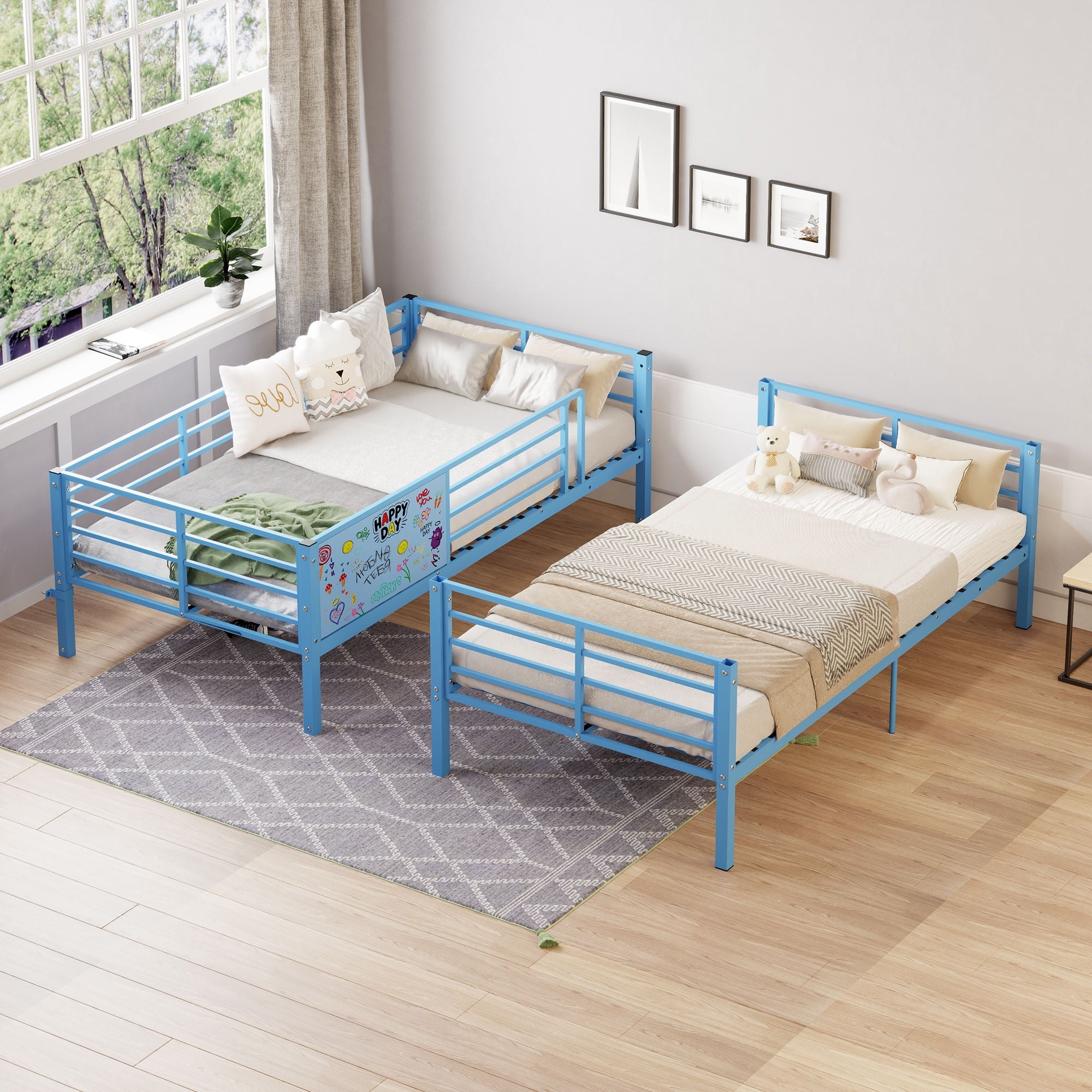 Bunk Bed, Convertible To 2 Separate Twin Size Beds & Full Length Guardrail & Ladder, No Box Spring Needed - Blue