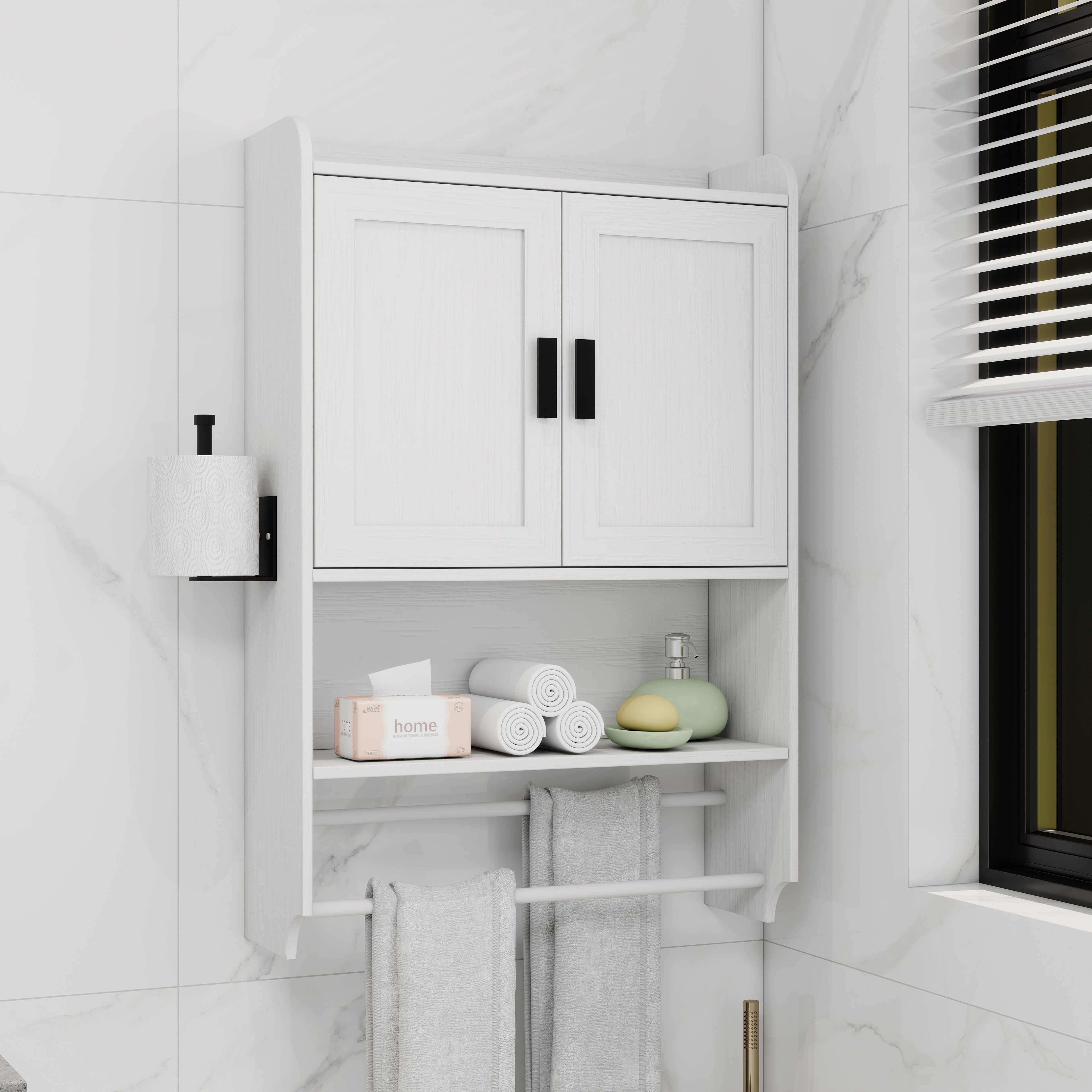 Bathroom Wall Cabinet with Doors, Adjustable Shelf, Towel Bar, and Paper Holder