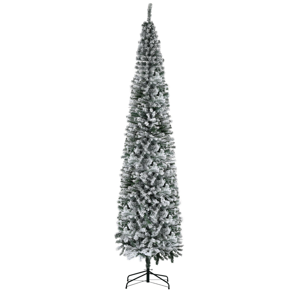 HOMCOM 9' Tall Unlit Snow-Flocked Slim Artificial Christmas Tree