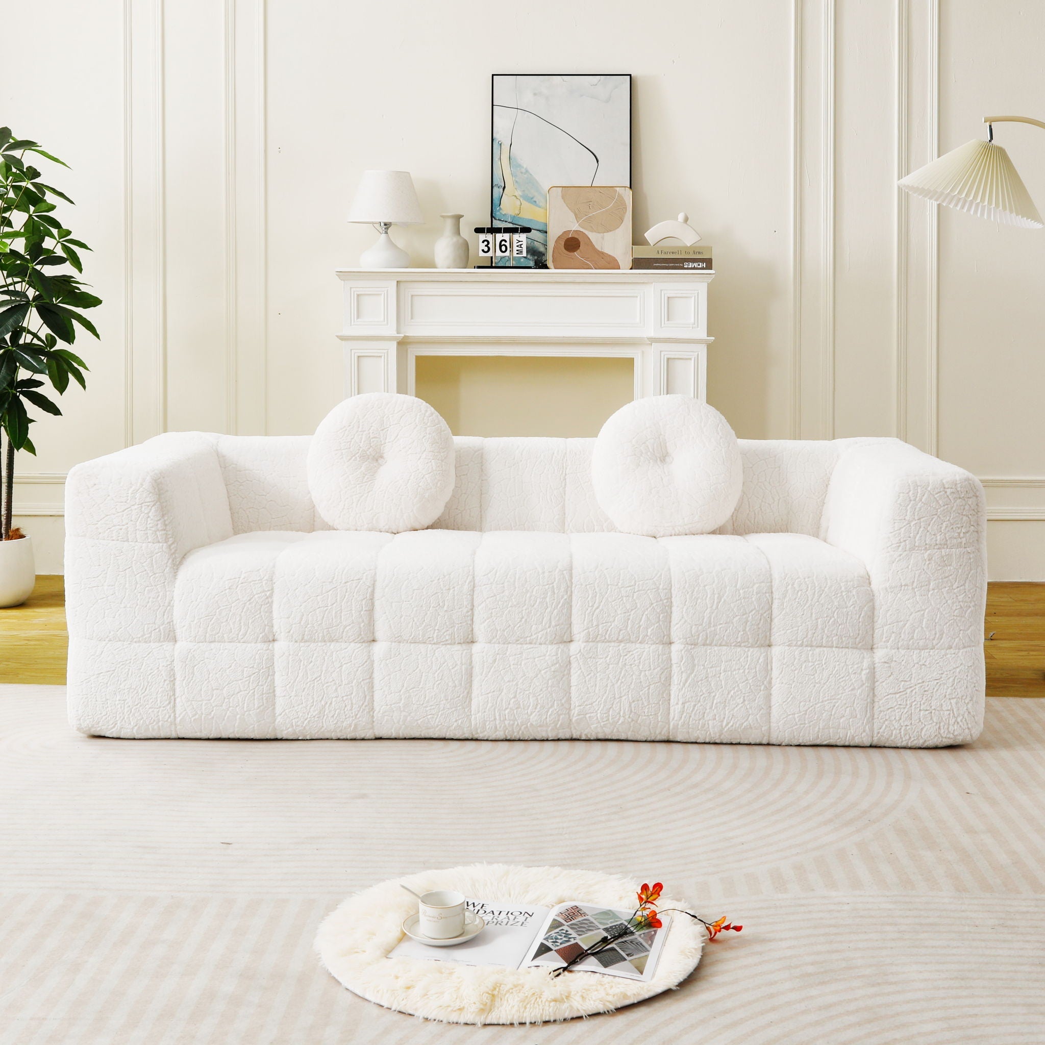 Boneless 3 Seater Sofa With Circular Throw Pillows - Beige