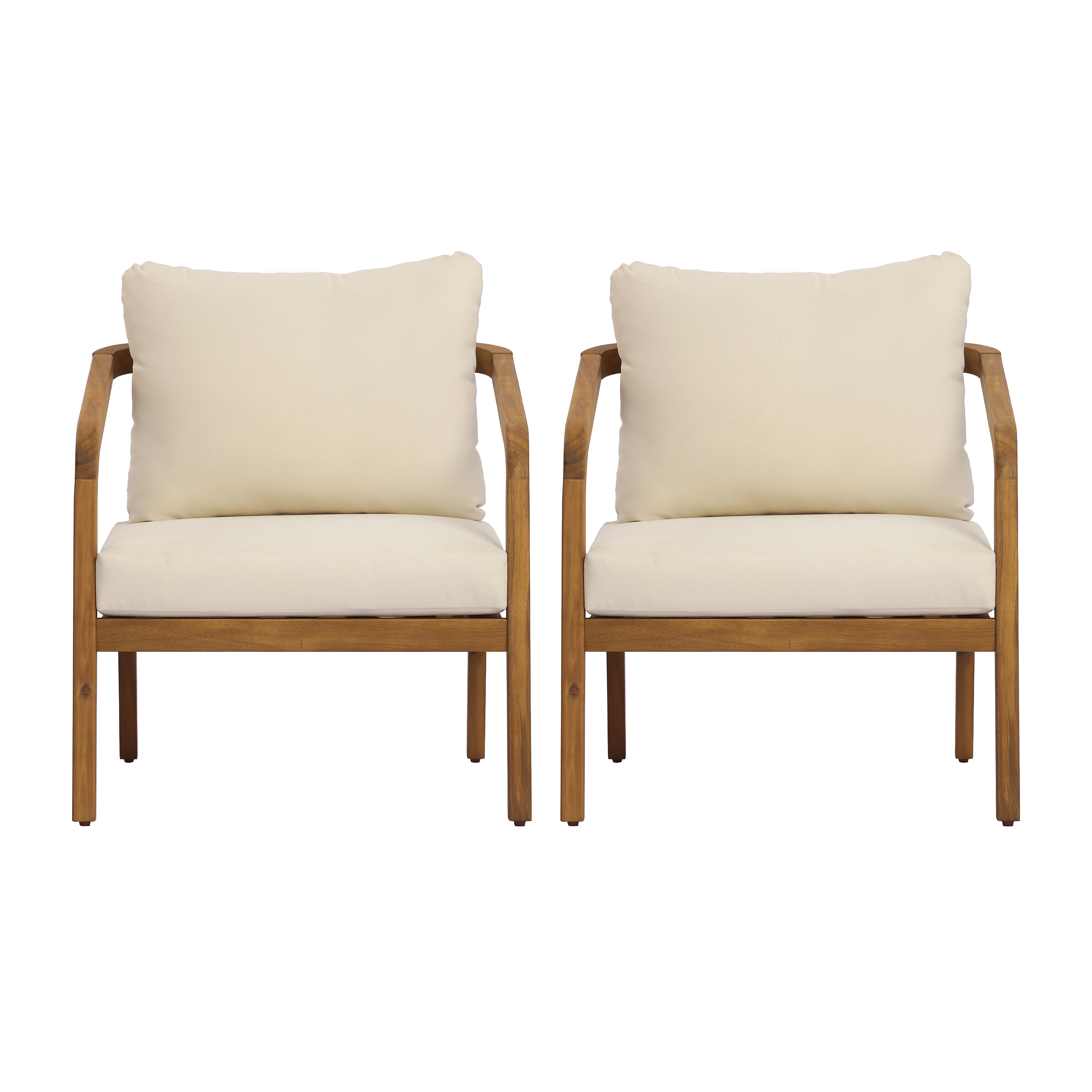 Acacia Wood Outdoor Patio Club Chair with PE Wicker Backrest & Cushions (Set of 2)
