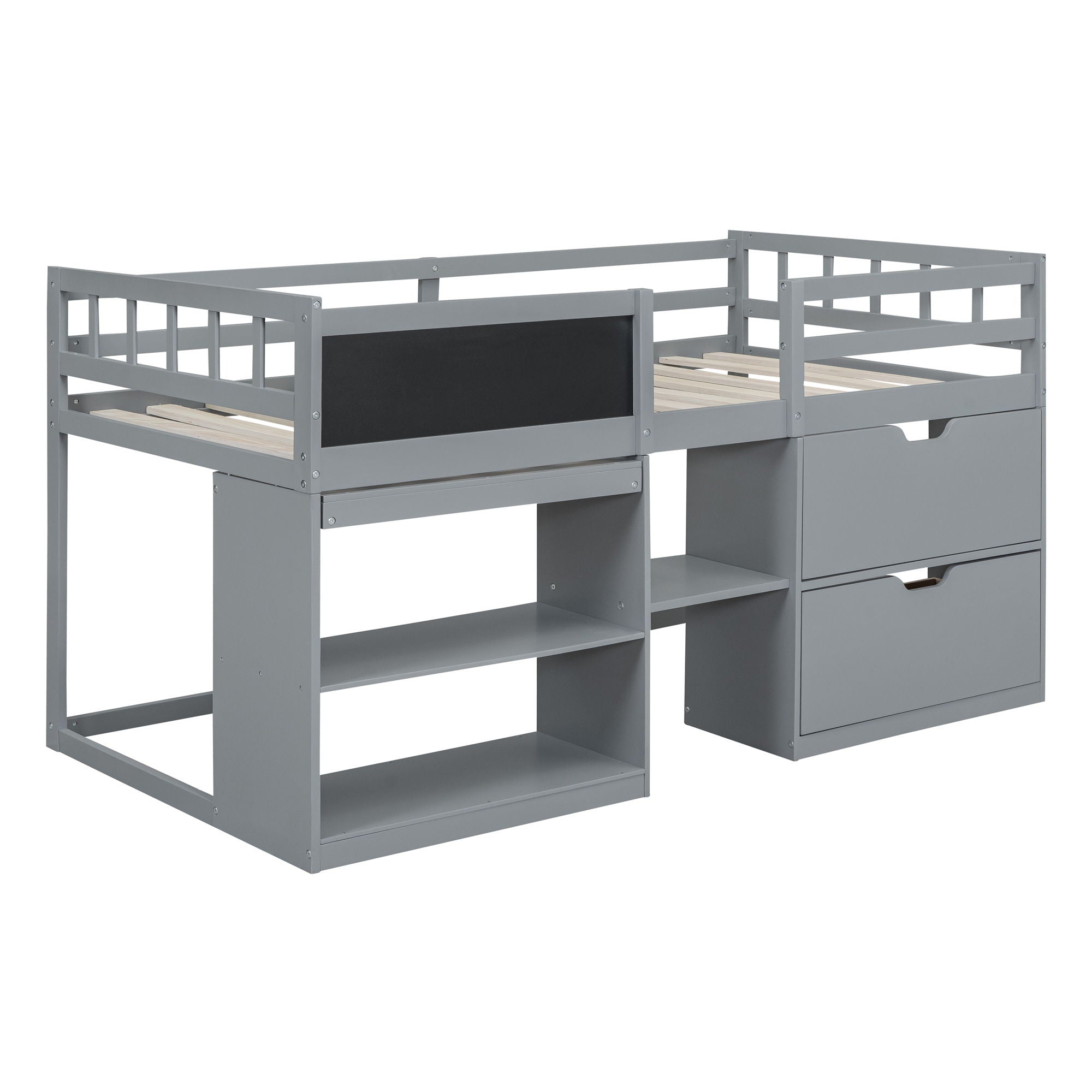 Low Loft Bed With Rolling Desk, Shelf And Drawers