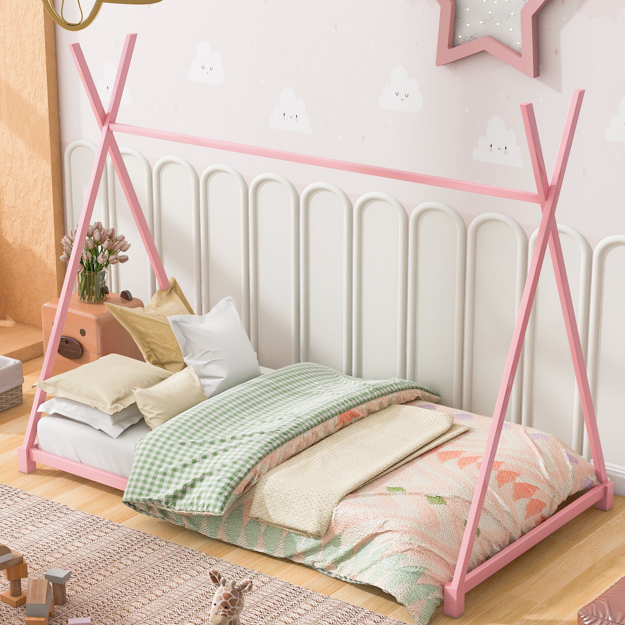 Metal House Platform Bed With Triangle Structure, Low Profile Design