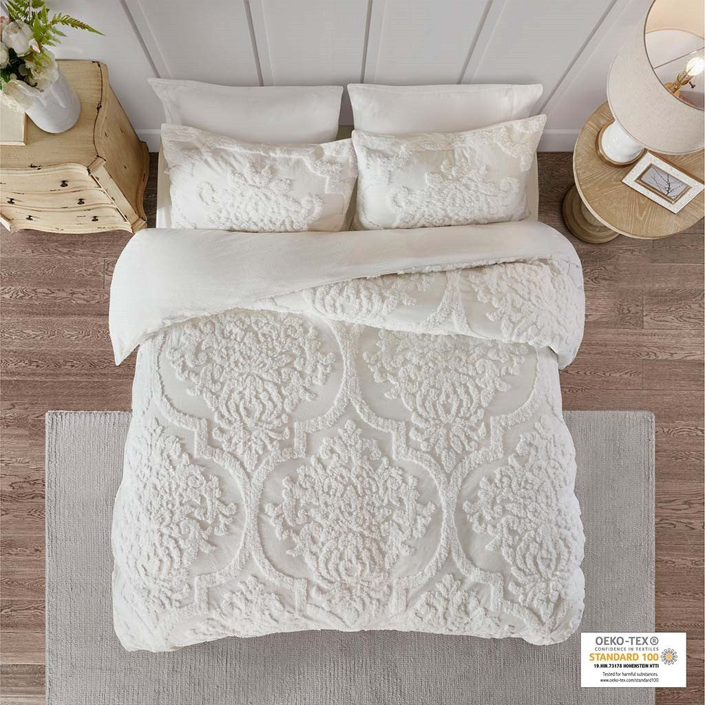 Full/Queen Tufted Cotton Chenille Damask Duvet Cover Set