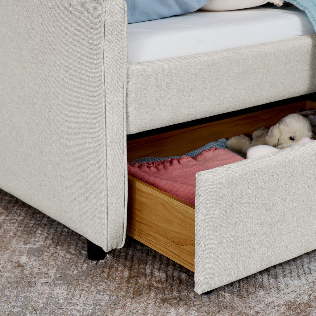 Twin Upholstered Sofa Bed With LED Lights, Storage Drawers, Adjustable Headboard & Wireless Charging - Beige