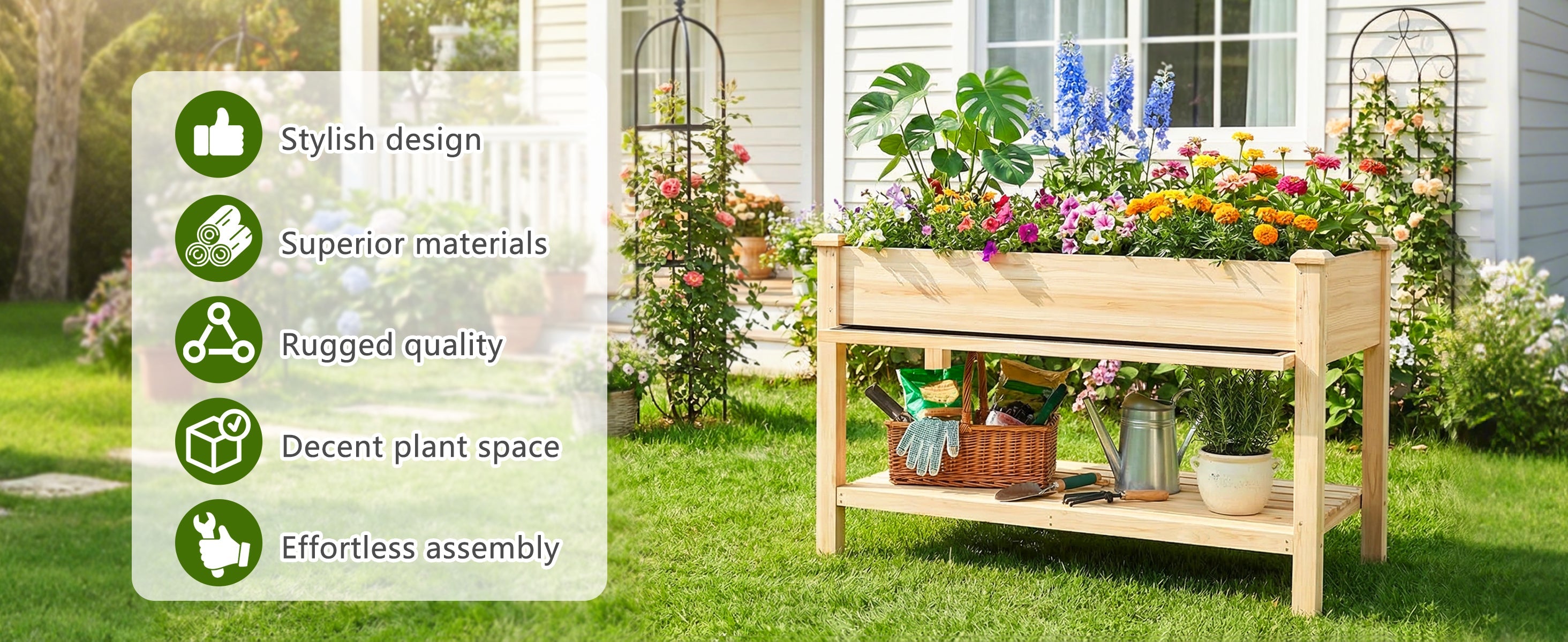 Raised Garden Bed with Water Collection Tray and Storage Shelf