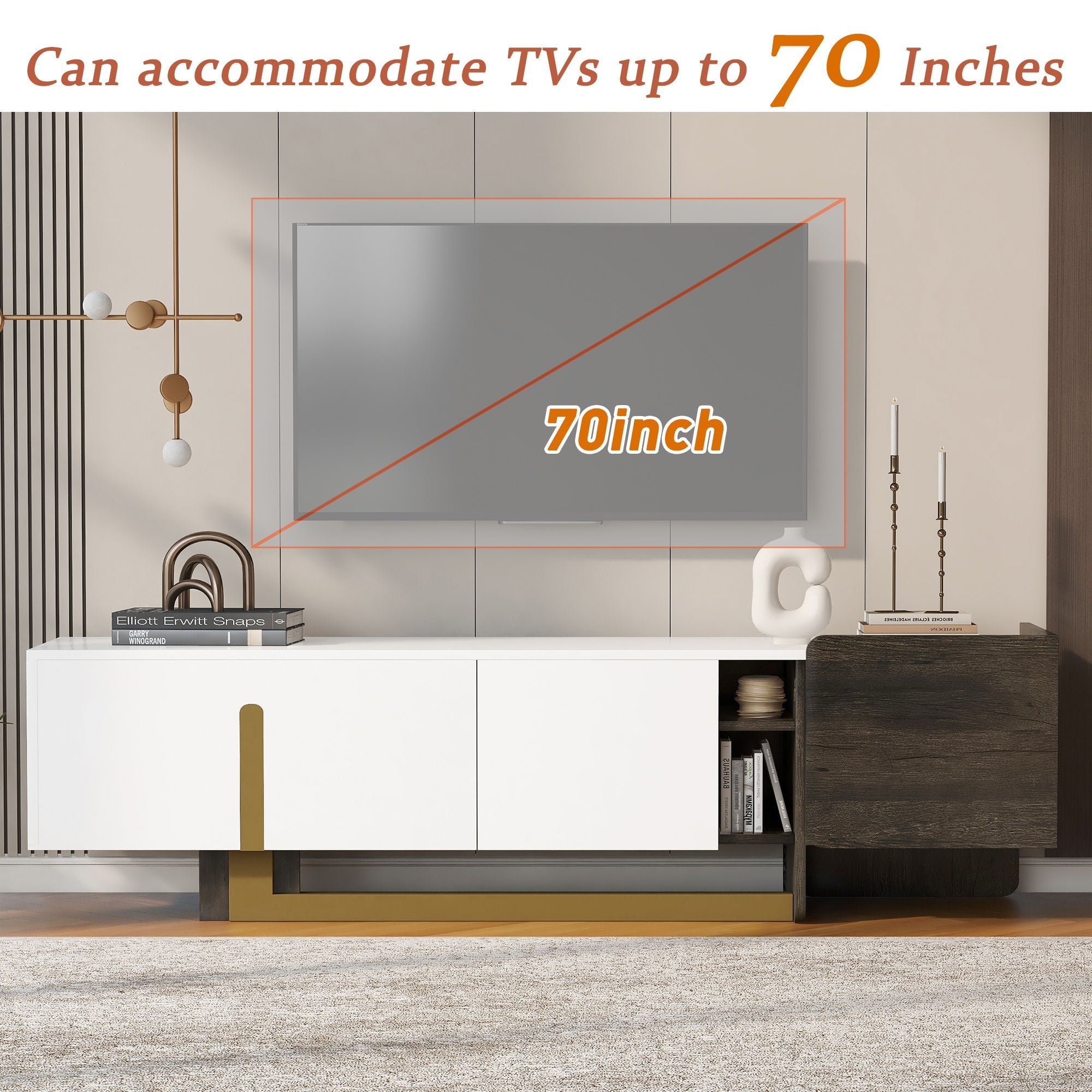 TV Stand With 1 Drawer, 2 Cabinets And Adjustable Shelves