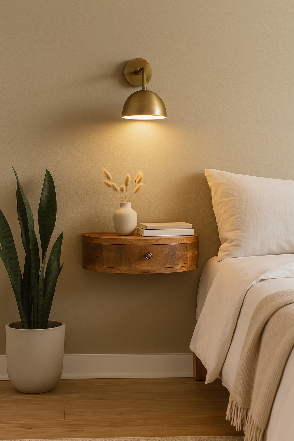 Solid Wood Wall-Mounted Rounded Nightstand, 1-Drawer, Oak-ish