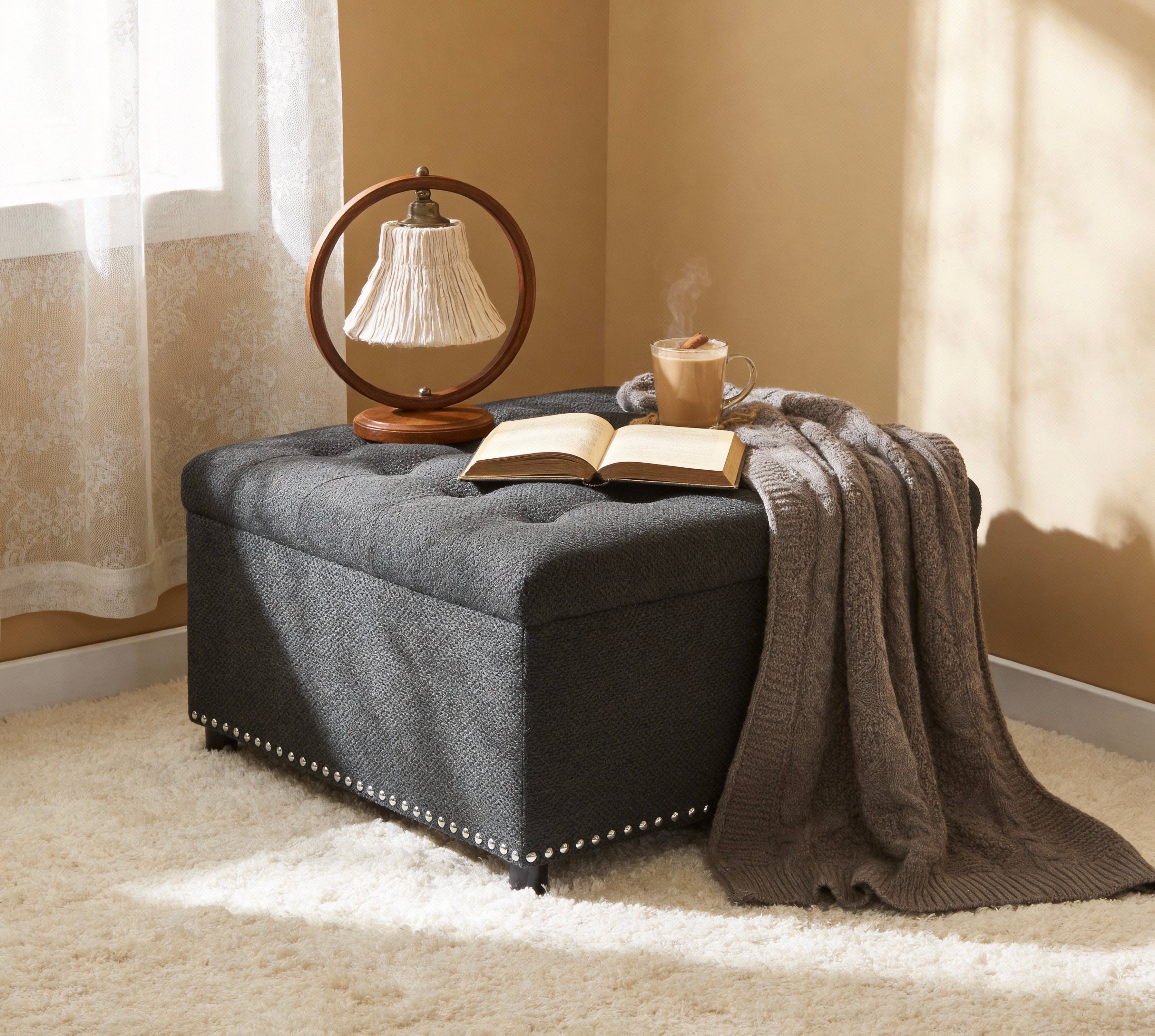 Tufted Storage Ottoman with Nailhead Trim - Dark