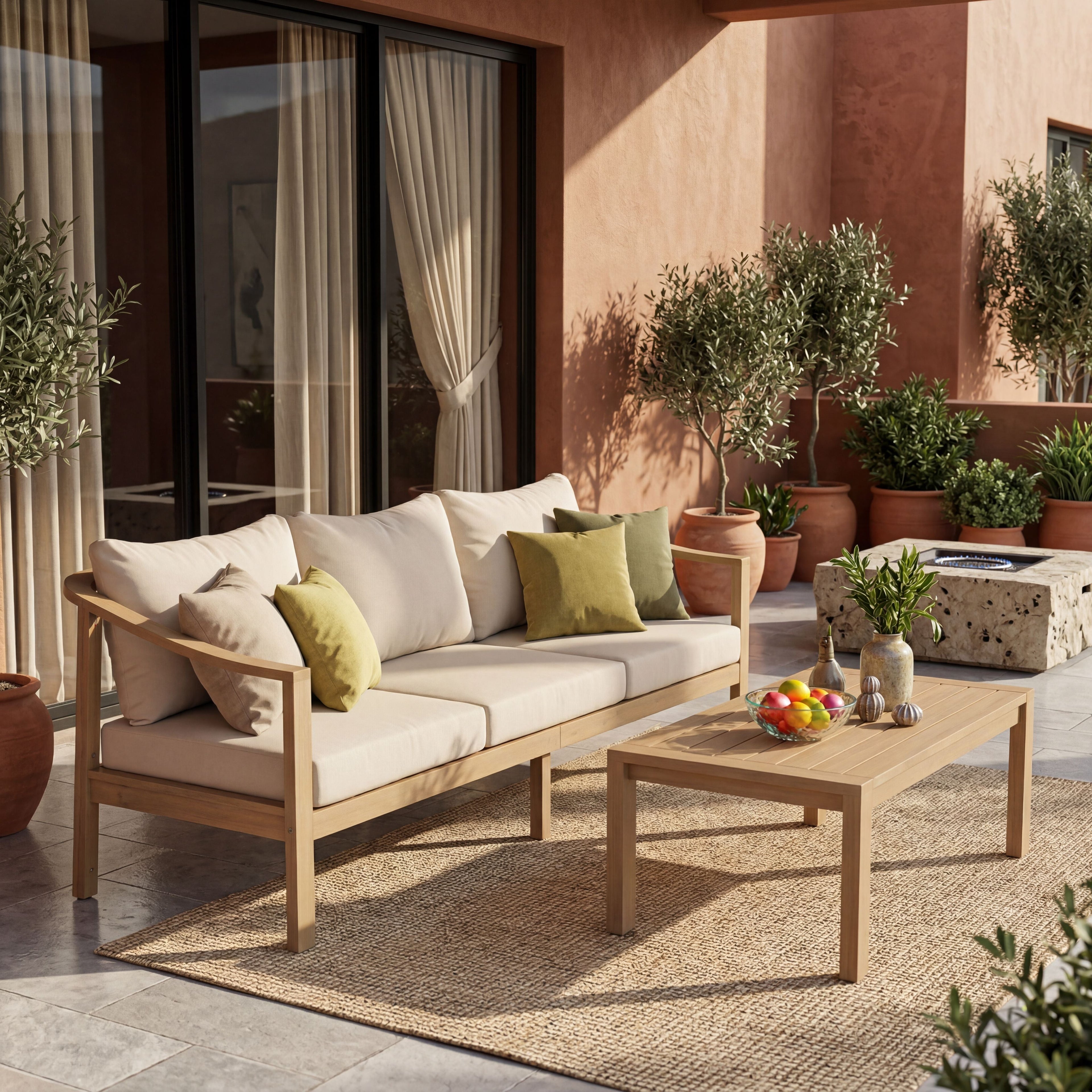 77.95" Outdoor Acacia Wood 3-Seater Sofa with Beige Cushions