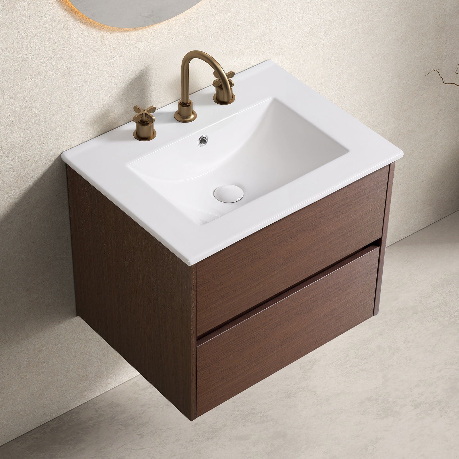 Bathroom Vanity With Basin Wall Hang Storage - Brown / Brown / White