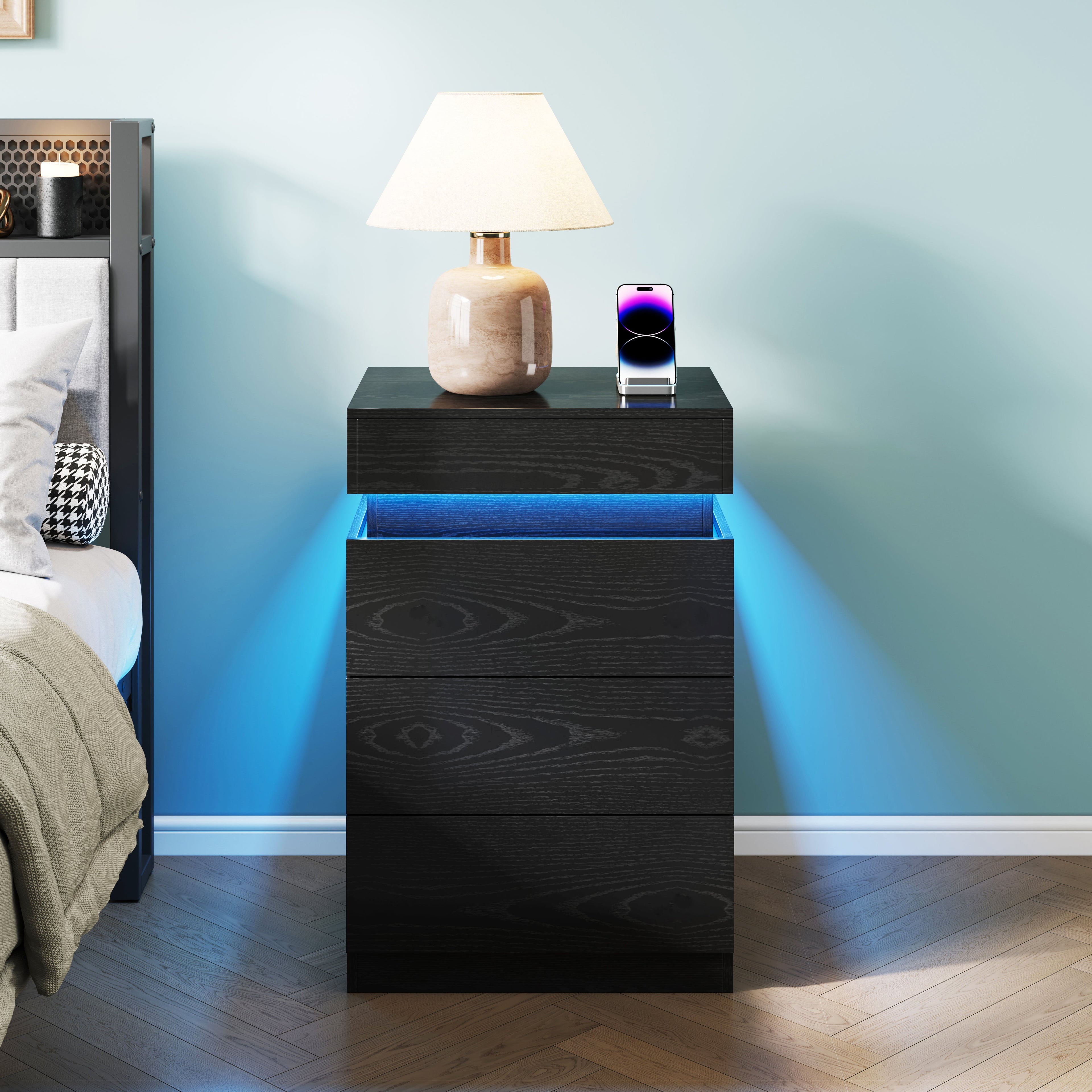 Nightstand with Built-In Charging Station and LED Lighting