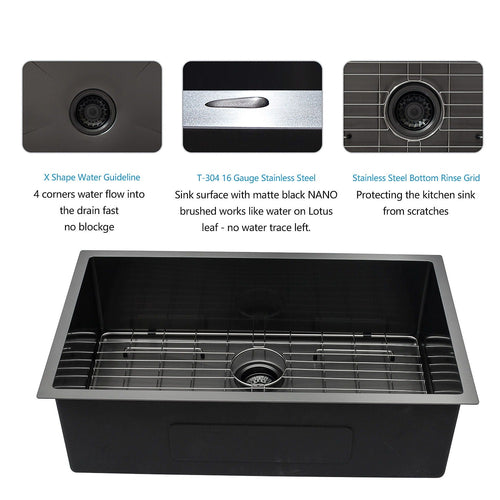 28" Undermount Kitchen Sink 16 Gauge 10" Deep Single Bowl - Gunmetal Black