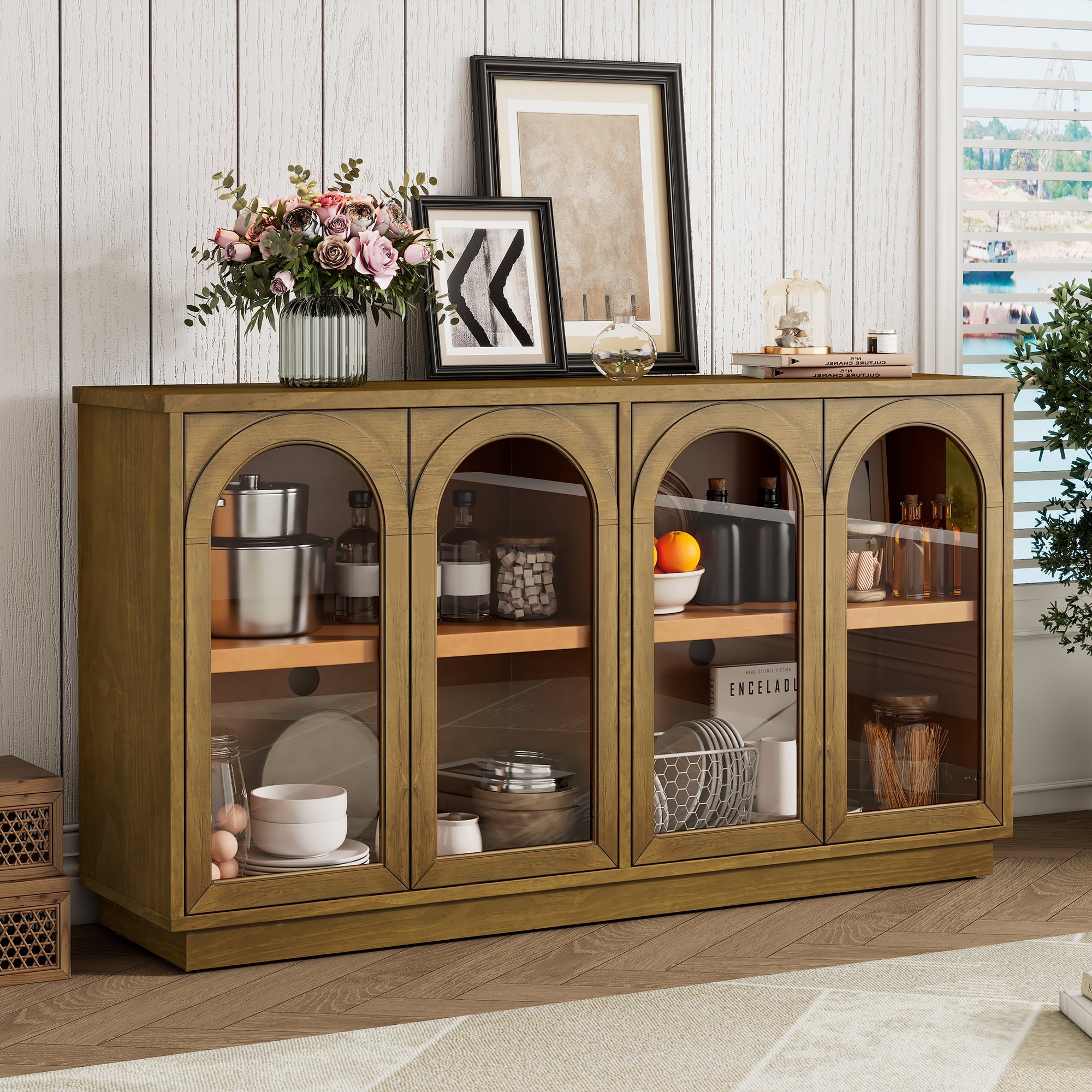 TREXM 4-Door Large Storage Buffet Cabinet with Glass Doors