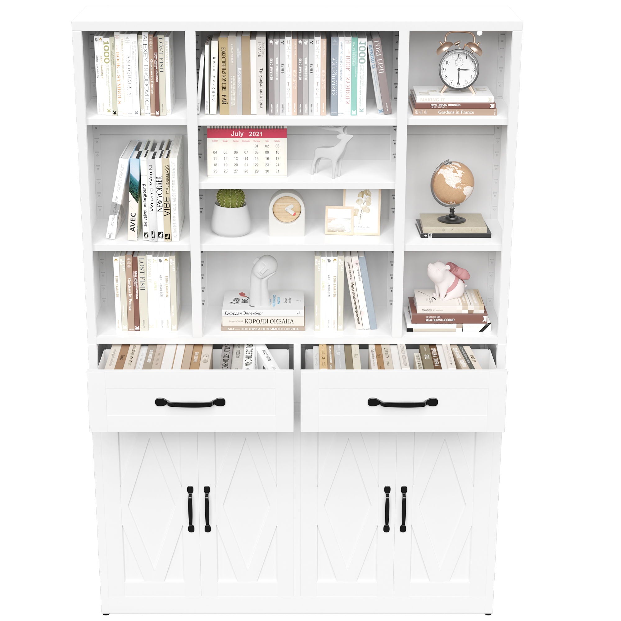 Industrial Bookcase Tall With Adjustable Shelves, Drawers & Doors