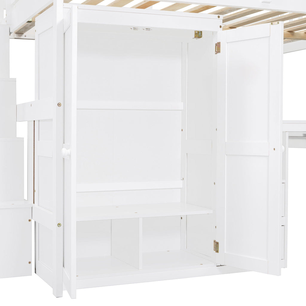 Loft Bed With Stairs, Bookshelf, Drawers, Desk & Wardrobe, Space Saving Multifunctional Furniture