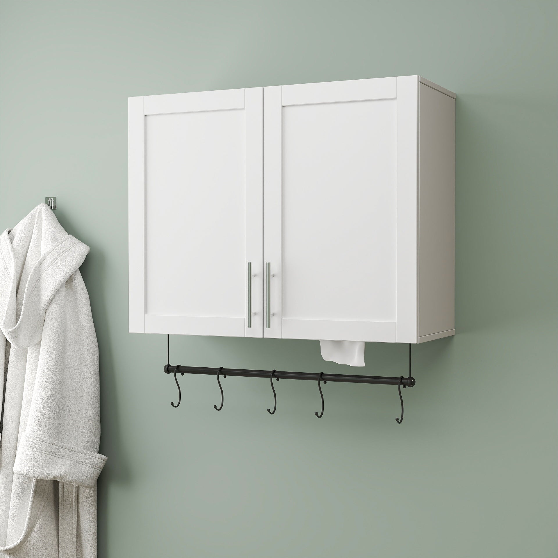 Bathroom Wall Cabinet with Adjustable Shelf, Towel Bar, and 5 Hooks