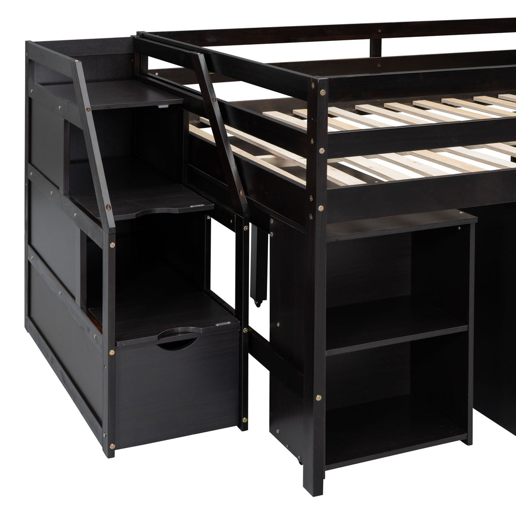 Loft Bed With Retractable Writing Desk And 3 Drawers With Storage Stairs And Shelves
