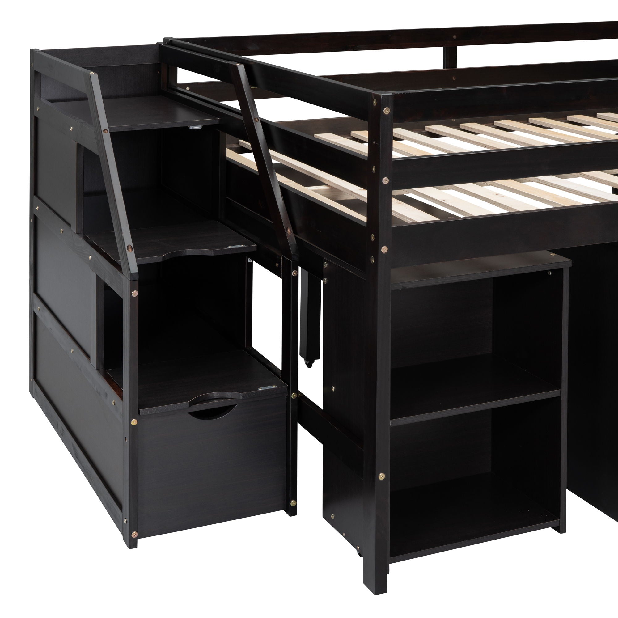 Loft Bed With Retractable Writing Desk And 3 Drawers With Storage Stairs And Shelves
