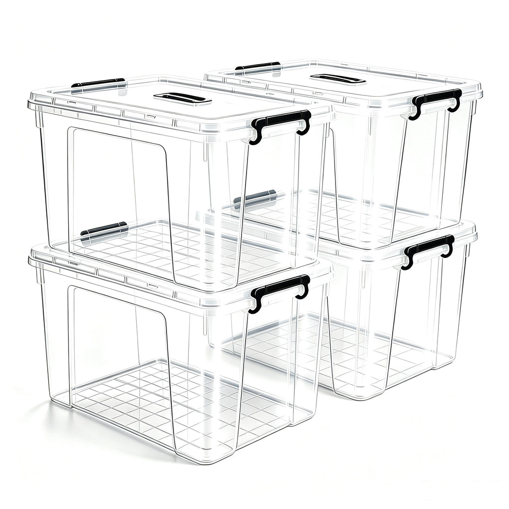 4 Pack 90 QT Plastic Storage Bins with Lids,Clear Stackable Bins with Secure Latches and Handles Heavy-Duty Storage Containers For Home Office and Garage Organization
