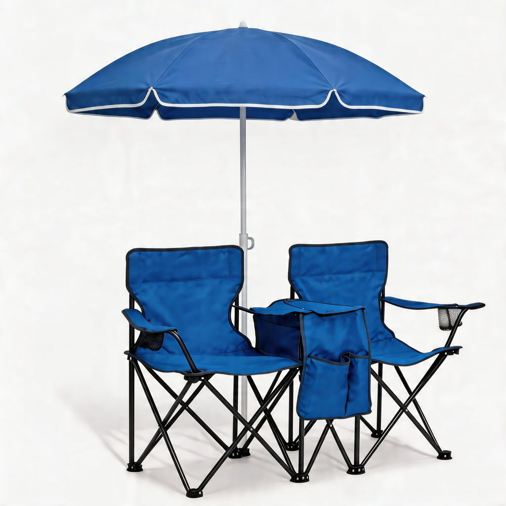Portable Double Folding Beach Chair Set with Umbrella, 2-Person Outdoor Camping Chair with Cup Holders, Foldable Patio Chair for Picnic, Backyard, Travel