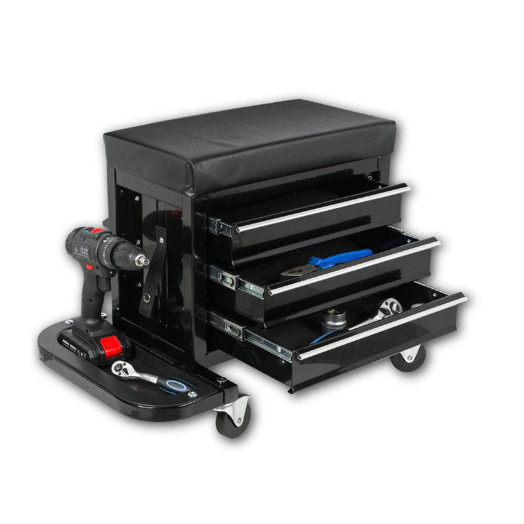 3-Drawer Tool Chest Rolling Mechanic Seat with Tool Trays