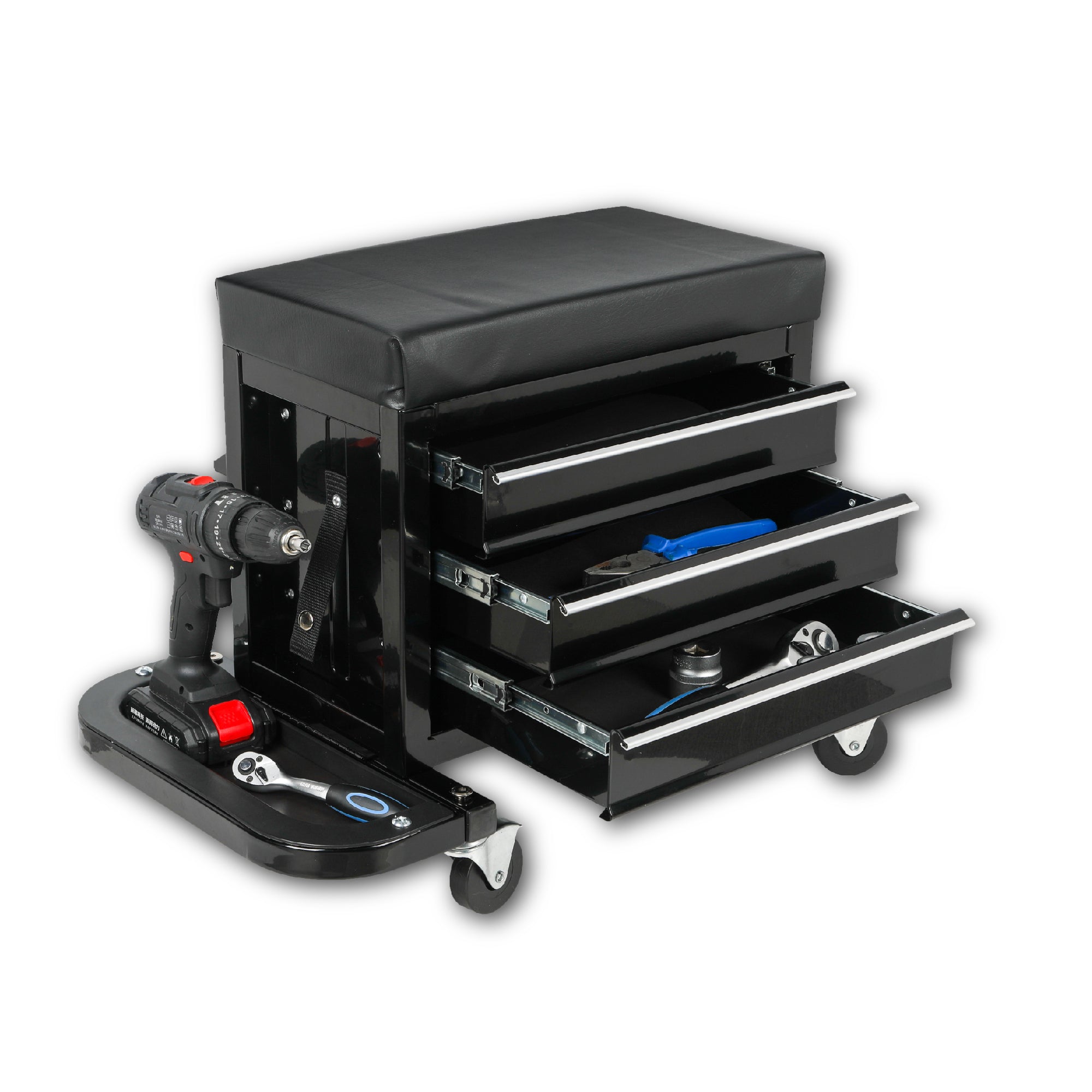 3-Drawer Tool Chest Rolling Mechanic Seat with Tool Trays