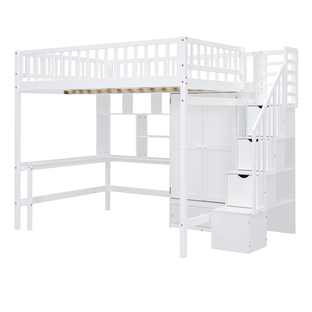Loft Bed With Bookshelf, Drawers, Desk, And Wardrobe