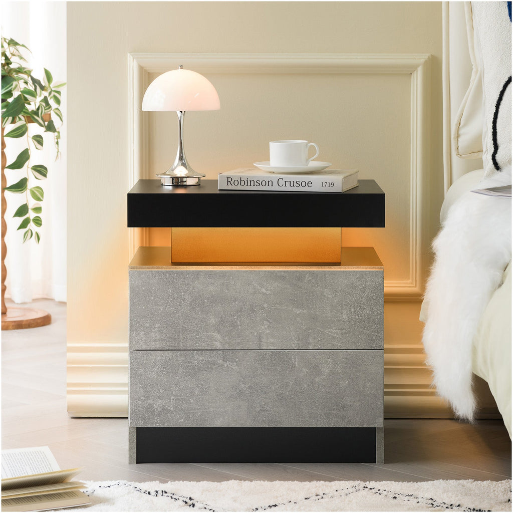 Modern LED Nightstand with 2 Drawers for Bedroom