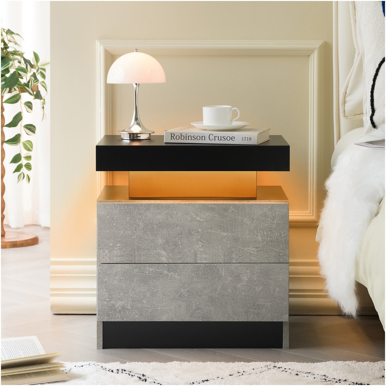Modern LED Nightstand with 2 Drawers for Bedroom