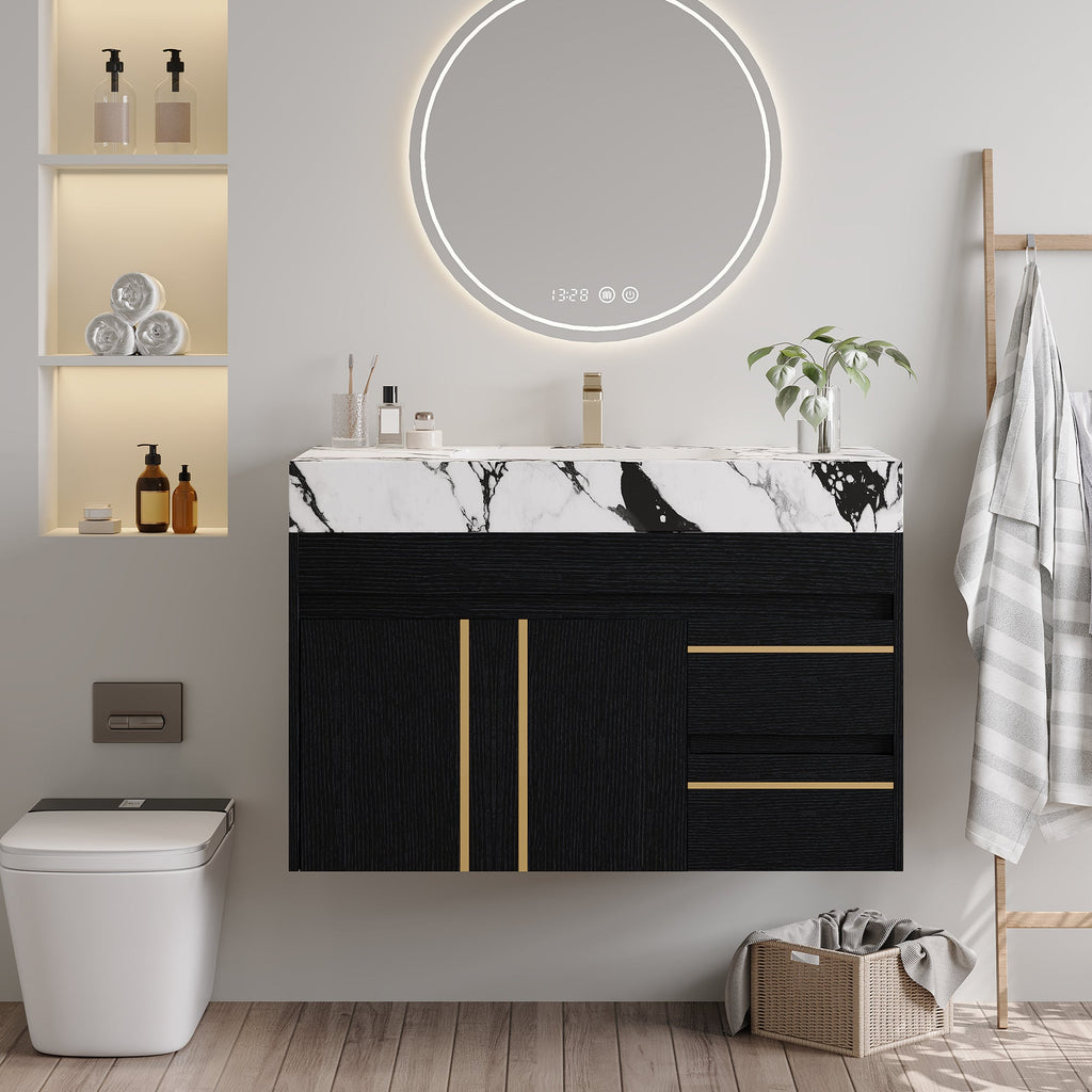 36" Floating Bathroom Vanity with Ceramic Sink and Faux Marble Top