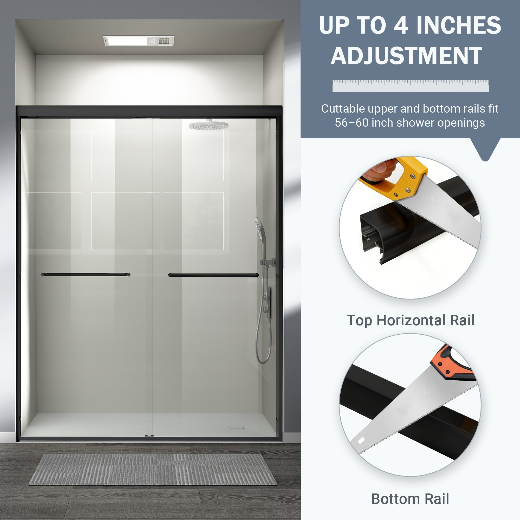 56-60 in. W x 72 in. H Double Sliding Shower Door, Semi-Frameless