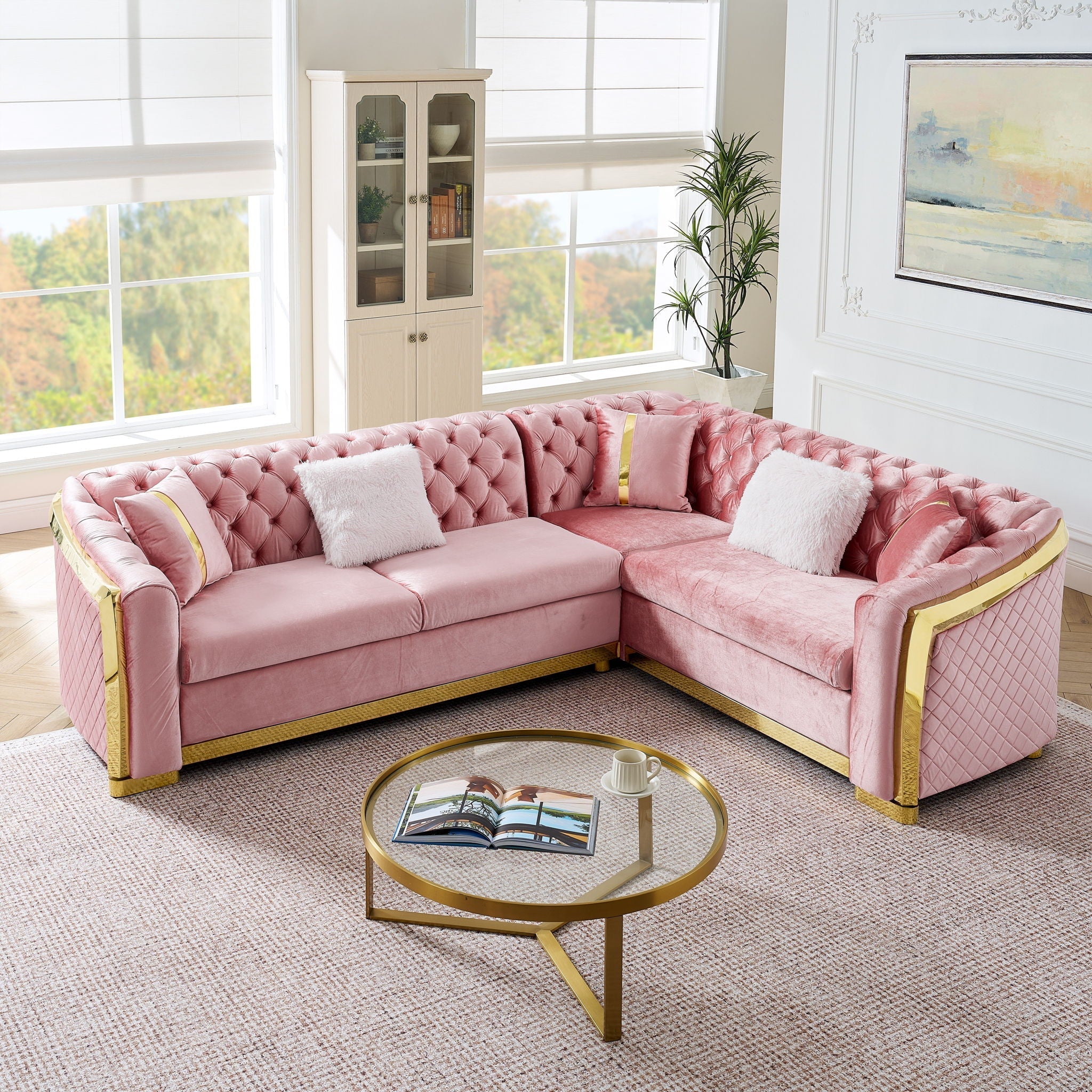 L Shaped Chesterfield Sectional Sofa With Stainless Steel Accents