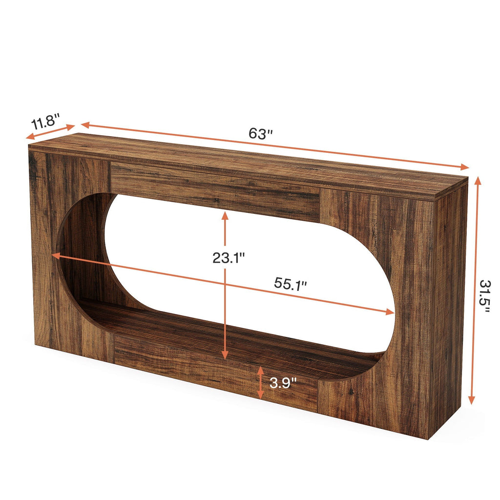 Narrow 2 Tier Console Table With Scalloped Edge For Living Hallway - Brown