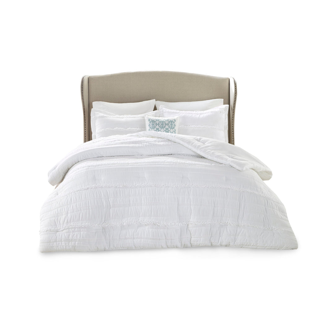 5 Piece Microfiber Ruffled Comforter Set White Queen