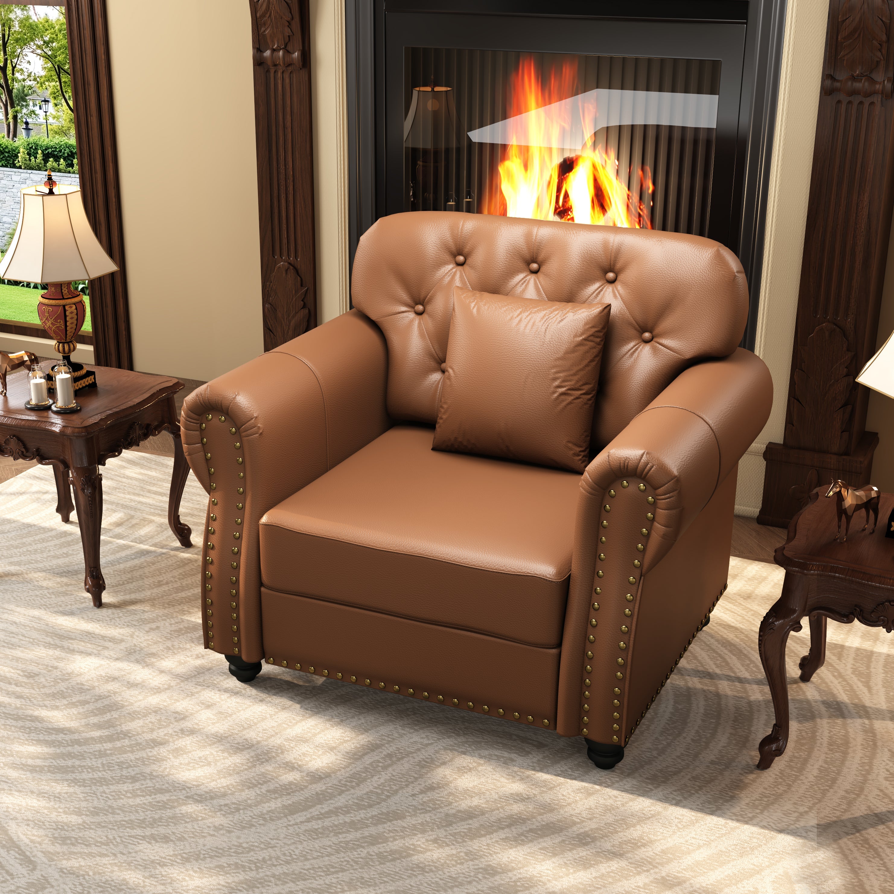 41.3" Upholstered Faux Leather Sofa with Nailhead Trim
